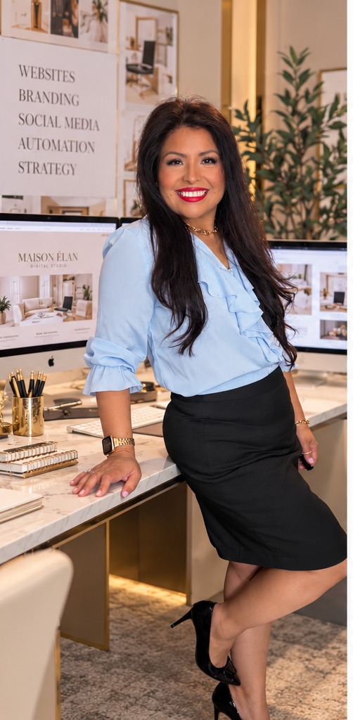 Belle Digital Collective founder in an elegant office with digital branding displays